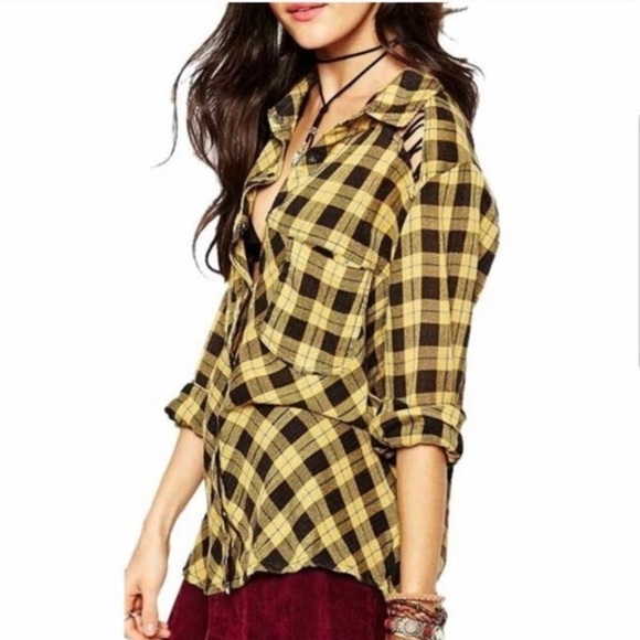Free People Gauzy Plaid Lace Up Button Down Top Yellow Size S - Picture 1 of 9